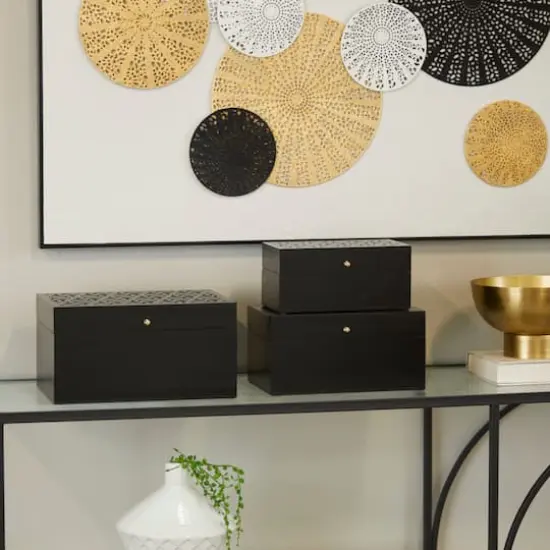 Black Wood Intricate Carved Box with Hinged Lid Set {8}