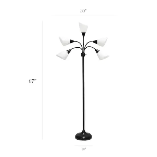 Simple Designs&trade; 5.5ft. 5-Light Gooseneck Black Floor Lamp with White Shades {4}