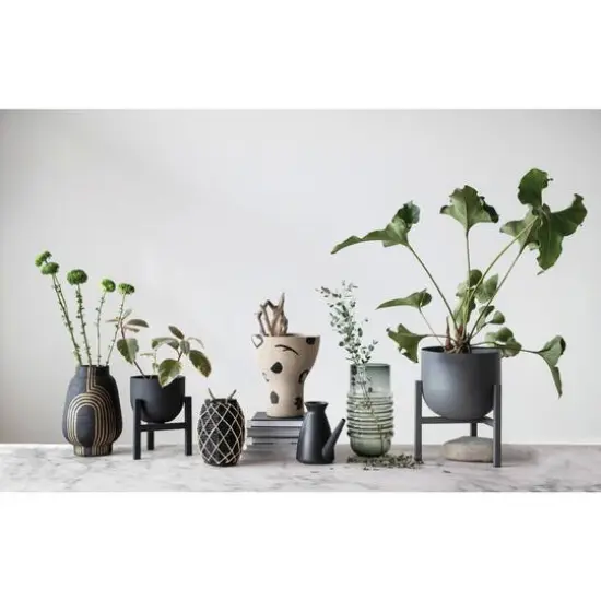 15" Gray Textured Metal Planter Pot with Stand {4}