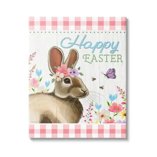 Stupell Industries Happy Easter Floral Gingham Rabbit Canvas Wall Art {1}