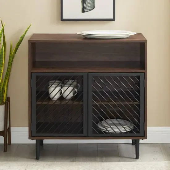 Walker Edison 32" Dark Walnut Modern Slanted Metal Door Accent Cabinet {6}