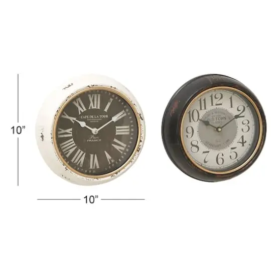 Set of 2 White Metal Vintage Wall Clock, 10" x 10" {7}