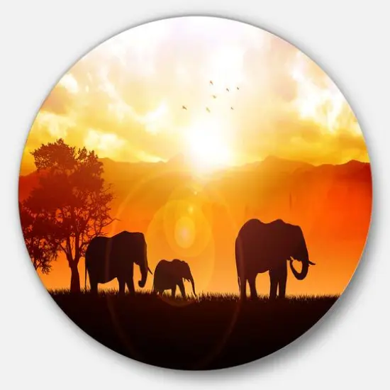 Designart - Elephants Walking At Sunset' African Metal Circle Wall Art {1}
