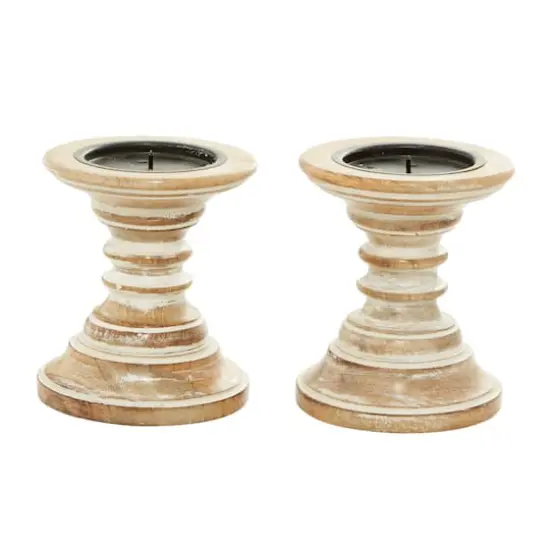 6'' Light Brown Mango Wood Traditional Candle Holder, 2ct. {3}