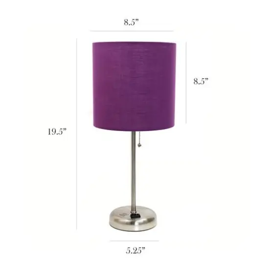 LimeLights 19.5" Stick Lamp with Charging Outlet and Fabric Shade Brushed Steel and Purple {4}