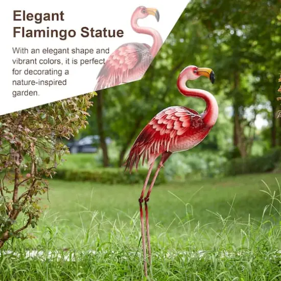 Glitzhome&reg; 35.25" Metal Standing Flamingo Garden Statue with Stakes {7}