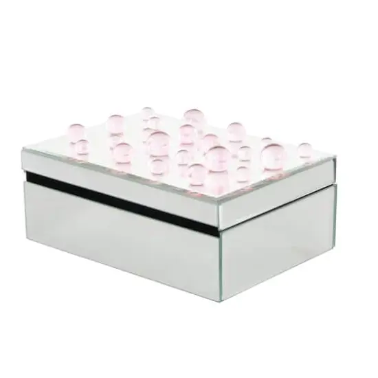 9.75" x 7" x 4.75" Silver Glass Mirrored Decorative Jewelry Box with Pink Bubble Textured Balls {8}