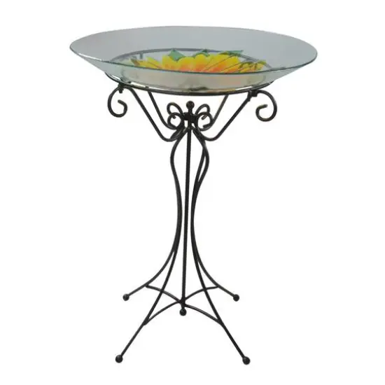 23.5" Hand Painted Glass Sunflower Spring Outdoor Bird Bath {3}