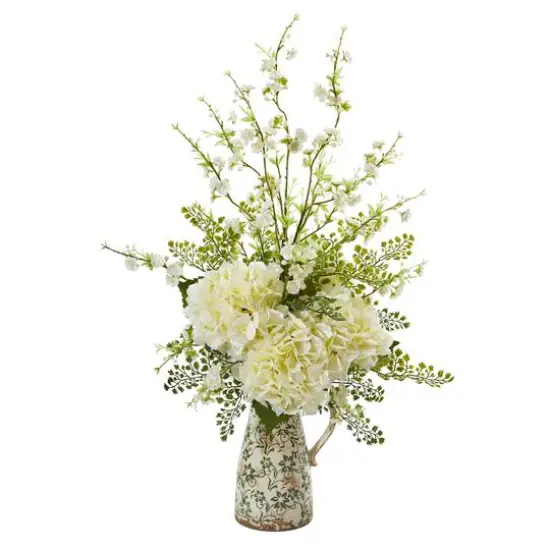 27" Cherry Blossom, Hydrangea and Maiden Hair Artificial Arrangement in Floral Pitcher {1}