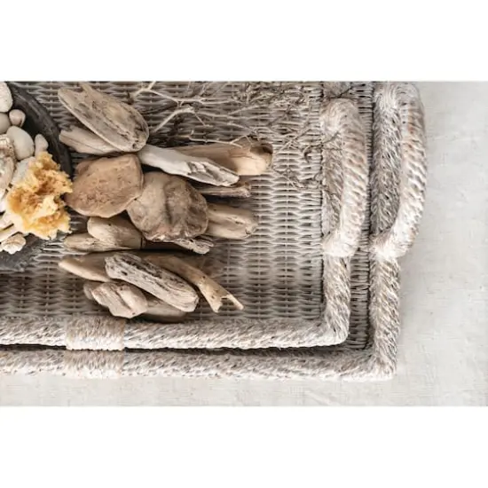 Hello Honey&reg; Whitewashed Decorative Rattan Tray Set with Handles {4}