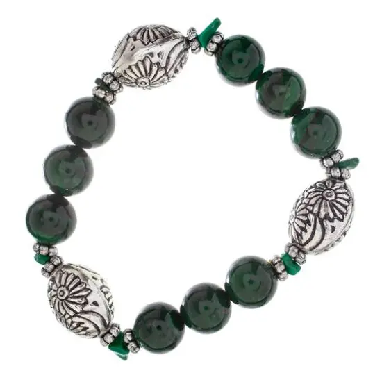 John Bead Malachite Natural Stone Stretch Bracelet with Flower Beads {1}