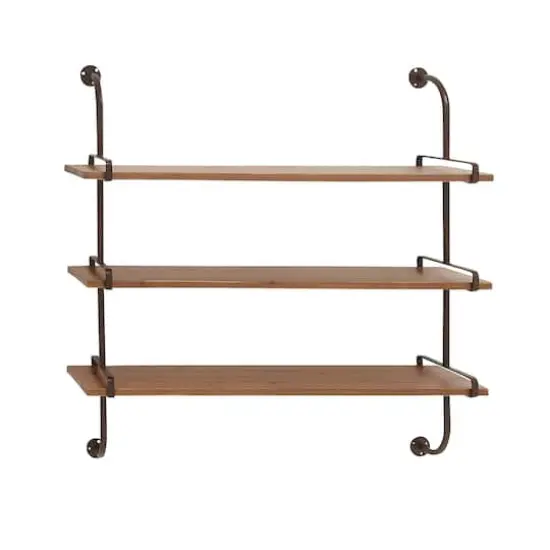Brown 3-Tier Industrial Wood Wall Shelf {1}