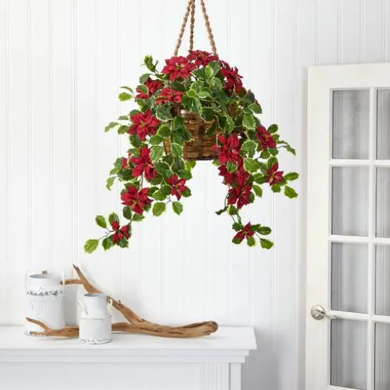 3.5ft. Real Touch Poinsettia and Variegated Holly Artificial Plant in Hanging Basket {4}