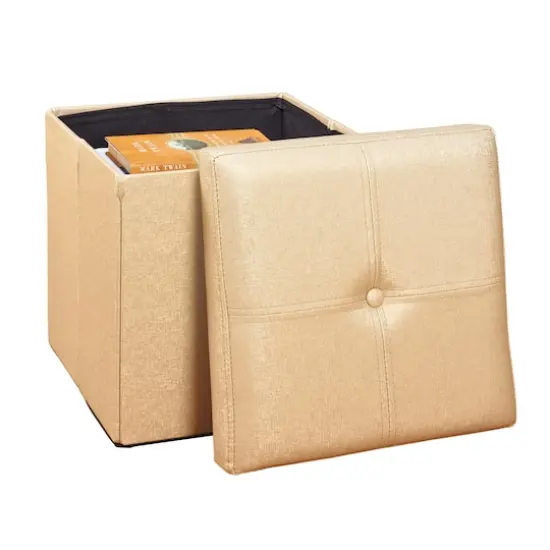 Simplify Metallic Faux Leather Folding Storage Ottoman Cube Gold {4}
