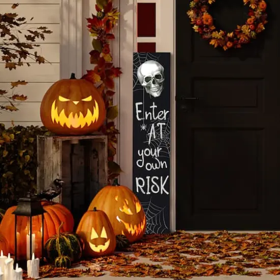 36" Black & White Enter at Your Own Risk Wood Halloween Wall Sign {3}