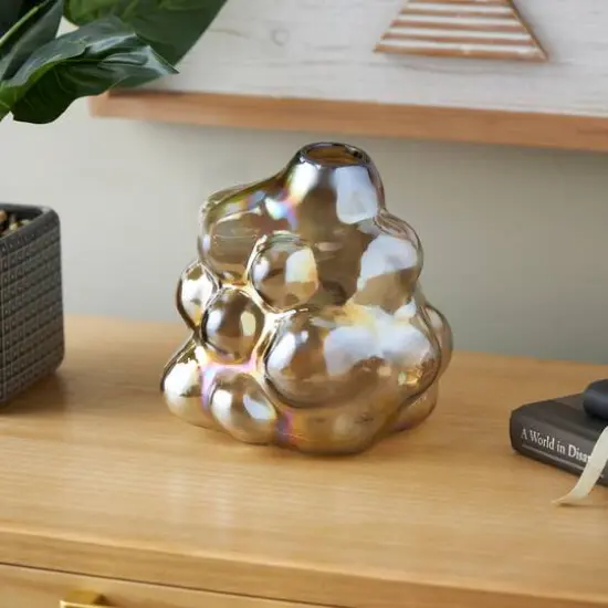 8" Iridescent Brown Abstract Handmade Bubble Glass Vase {3}