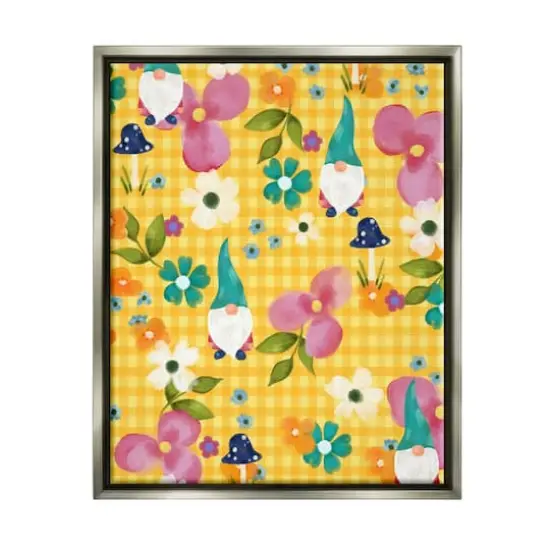 Stupell Industries Yellow Tartan Patterned Spring Gnomes Mushrooms Floater Framed Art Gray {1}
