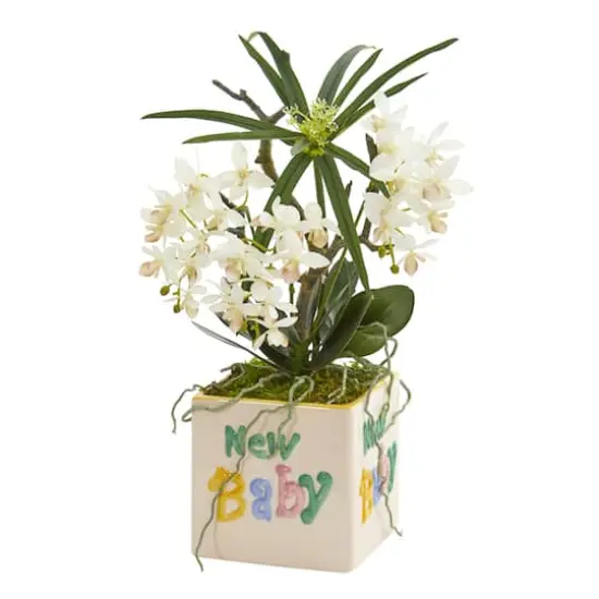 16" Orchid Phalaenopsis and Cyperus Artificial Arrangement in New Baby Vase {1}