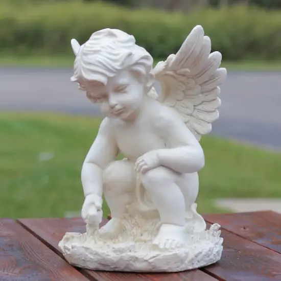 12" Ivory Sitting Cherub Angel Garden Statue {4}