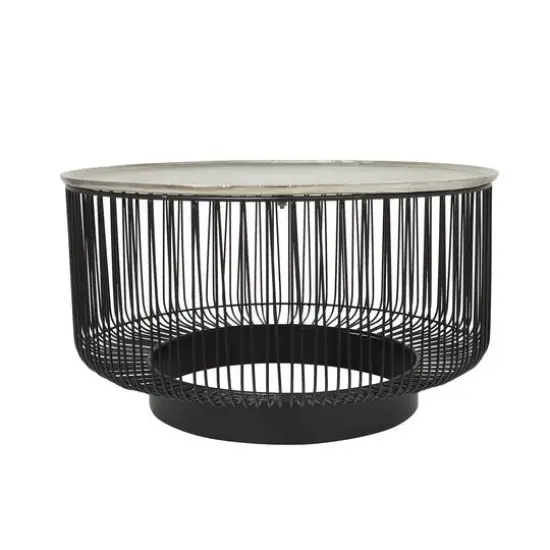 30" Black Metal Open Frame Wire Geometric Coffee Table with Silver Aluminum Top {9}