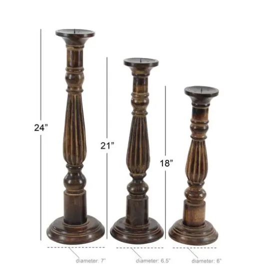 Brown Mango Wood Traditional Candle Holders Set, 18", 21" & 24" {7}