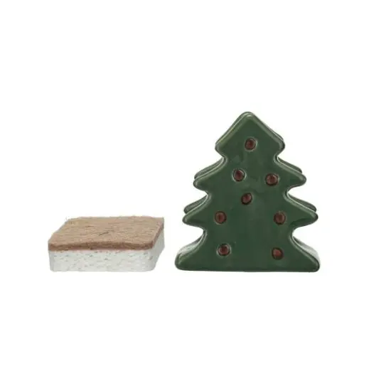 Hello Honey&reg; 4" Green & Brown Stoneware Christmas Tree Shaped Sponge Holders with Sponge & Reactive Glaze, 2ct. {4}