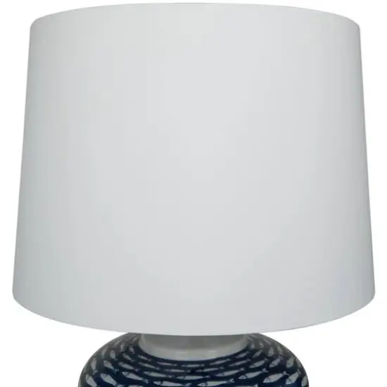 Dark Blue Ceramic Gourd Style Base Fish Table Lamp with Drum Shade 15" x 15" x 29" {5}