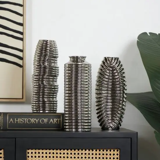Silver Ceramic Dimensional Ribbed Vase Set {8}