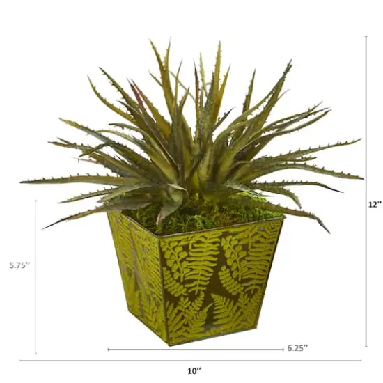 12" Aloe Succulent Artificial Plant in Green Tin Planter {3}