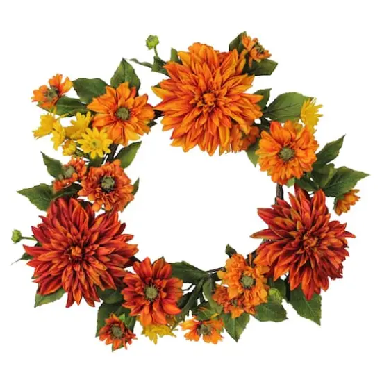 Mums and Daisies Twig Artificial Floral Wreath Orange 22" {1}