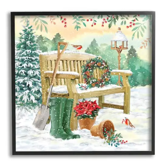 Stupell Industries Snowy Bench Seasonal Holly Plants Framed Giclee Art Black {1}