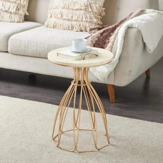 21.5" Gold Metal Flower Inspired Accent Table with Cream Marble Tabletop {3}