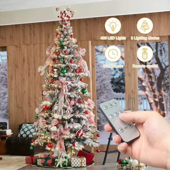 9ft. Pre-Lit Flocked Slim Spruce Artificial Christmas Tree, Warm White LED Lights {5}