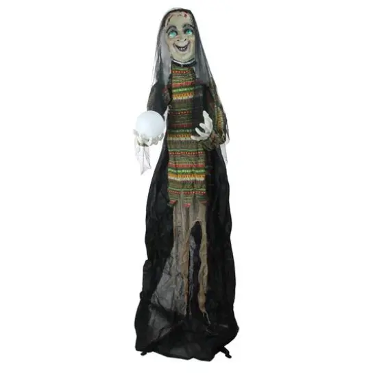 5.5ft. Pre-Lit Black & Green Standing Fortune Witch with Magic Ball Halloween Display {1}