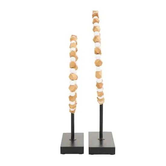 Brown Wood Geometric Beaded Ring Sculpture Set {3}