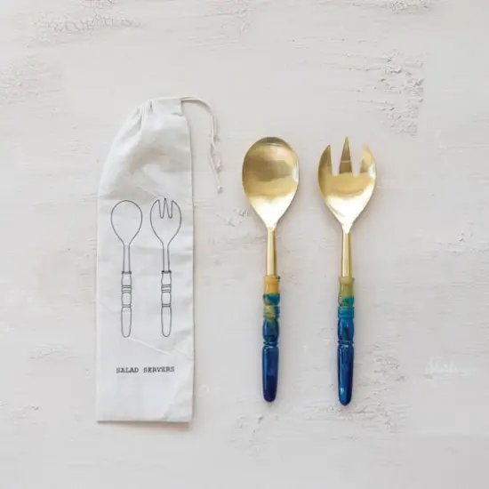 Hello Honey 2-Piece Stainless Steel Salad Servers with Marbled Resin Handles, Gold Finish and Blue {3}