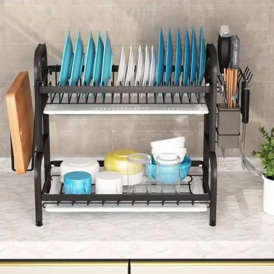 NEX&trade; 16.5" Black 2-Tier Kitchen Dish Rack with Utensil Holder {7}