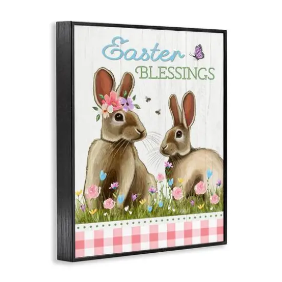 Stupell Industries Easter Blessings Gingham Spring Bunnies Framed Giclee Art Black {4}