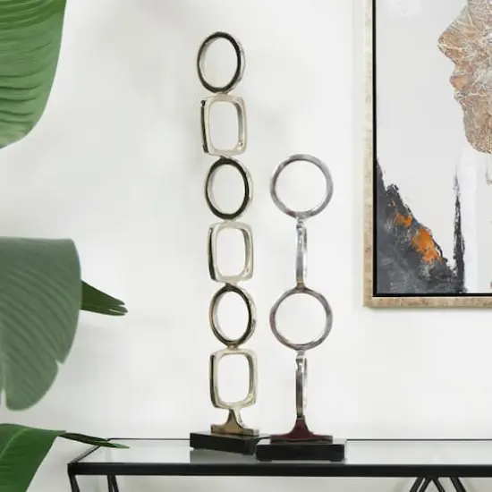 Aluminum Abstract Stacked Geometric Rings Sculpture with Marble Base Set Silver {3}