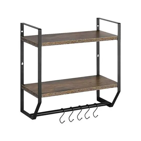 2-Layer Wall Mounted Rustic Shelves with Iron Towel Bar Brown {2}