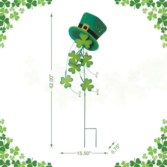 Glitzhome&reg; 42" St. Patrick's Metal Leprechaun Hat Shamrocks Yard Stake {7}