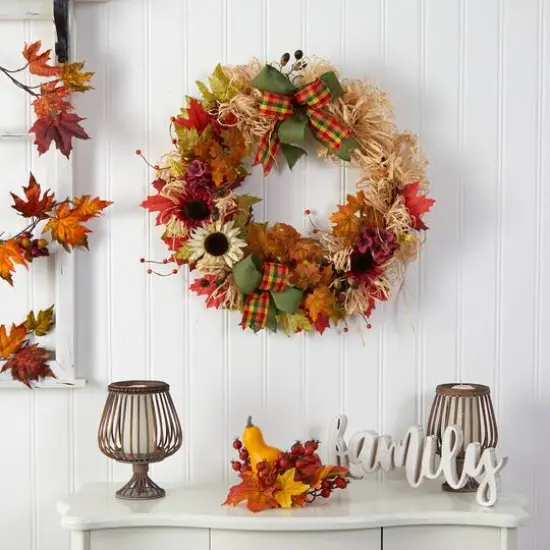 30" Harvest Autumn Sunflower, Maple Leaves & Berries Fall Wreath {3}