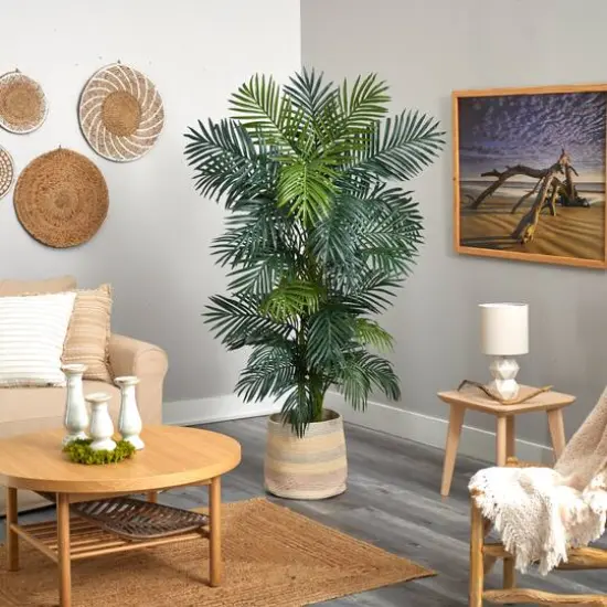 6.5ft. Golden Cane Artificial Palm Tree in Handmade Natural Cotton Multicolored Woven Planter {5}