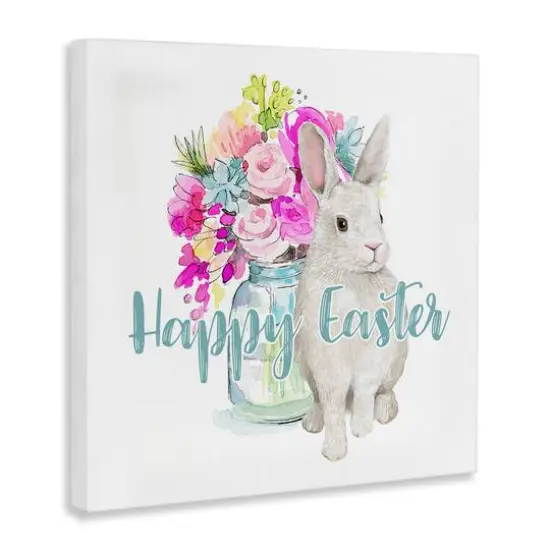 Stupell Industries Happy Easter Calligraphy Bunny Pink Flower Bouquet Canvas Wall Art {4}