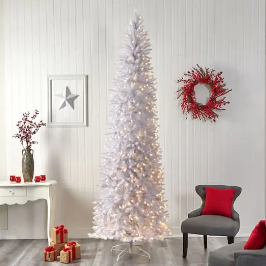10ft. Pre-Lit Slim White Artificial Christmas Tree, Warm White LED Lights {3}