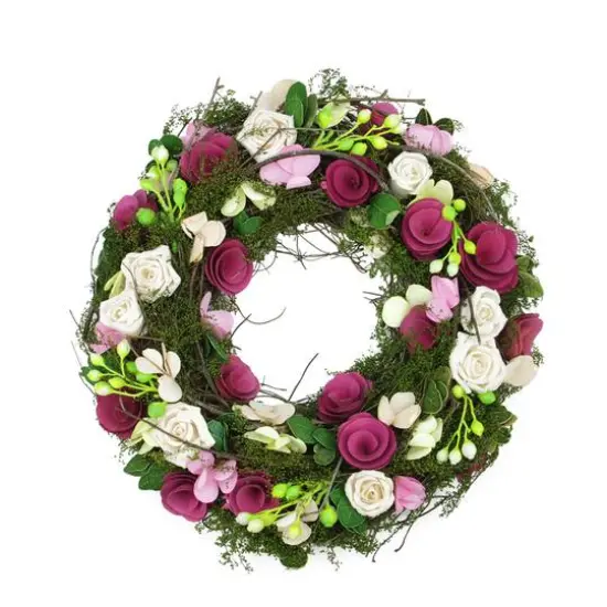 14in Purple & White Flowers with Green Leaves, Berries, & Twigs Spring Wreath  {1}