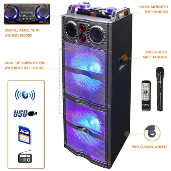 beFree Sound Double 10" Subwoofer Portable Bluetooth Party Speaker With Reactive Lights {3}