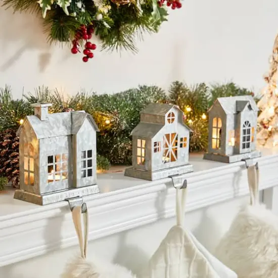 Glitzhome&reg; 7" Galvanized House Stocking Holder Set {4}