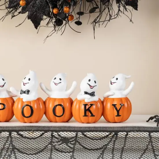 Glitzhome&reg; 15.5"L Halloween Polyresin SPOOKY Ghost Pumpkin Table Decor {4}