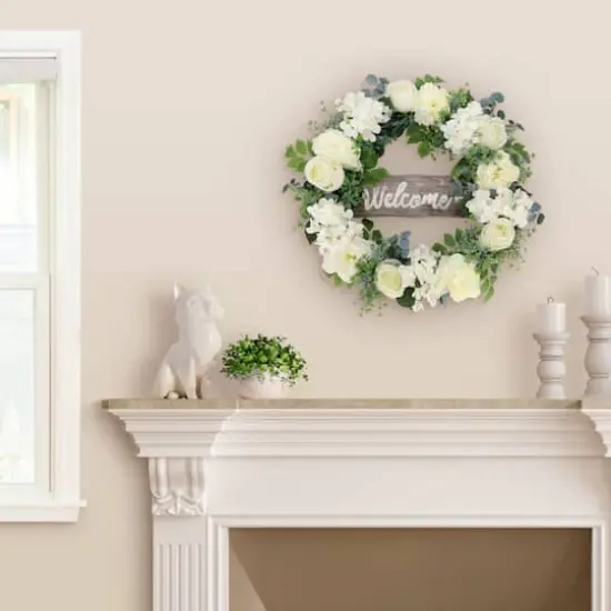 26" Artificial Peony, Hydrangea & Rose Floral Spring Wreath with Wood Welcome Sign {3}